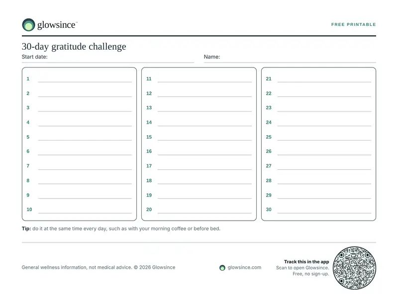 Preview of the 30-day gratitude challenge printable