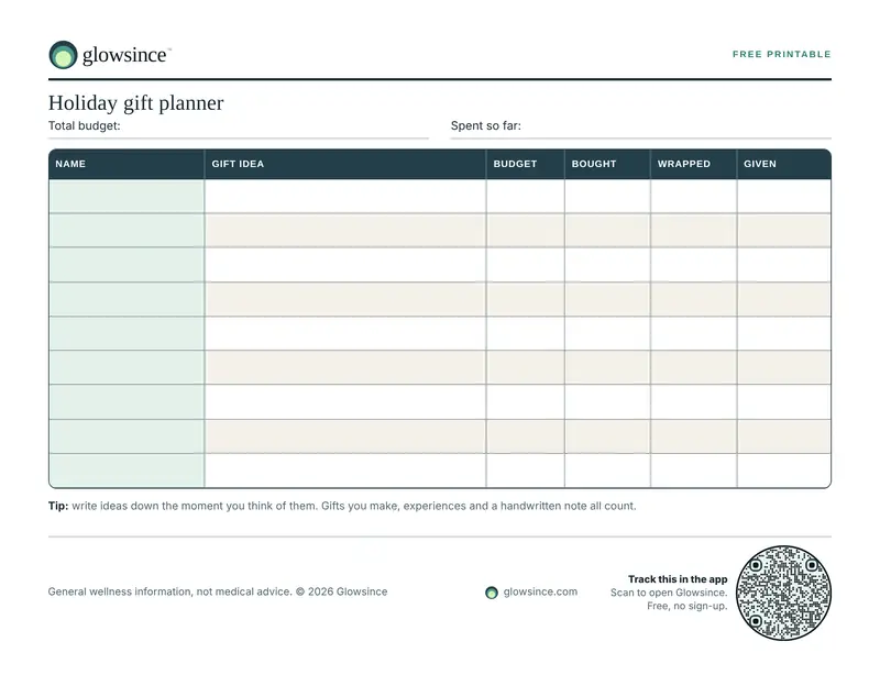 Preview of the Holiday gift planner printable